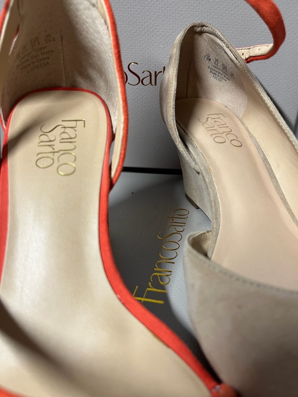 2 pairs Franco Sarto Orange Suede Ankle-Strap Pump sandals/cream suede wedges. - Picture 5 of 6